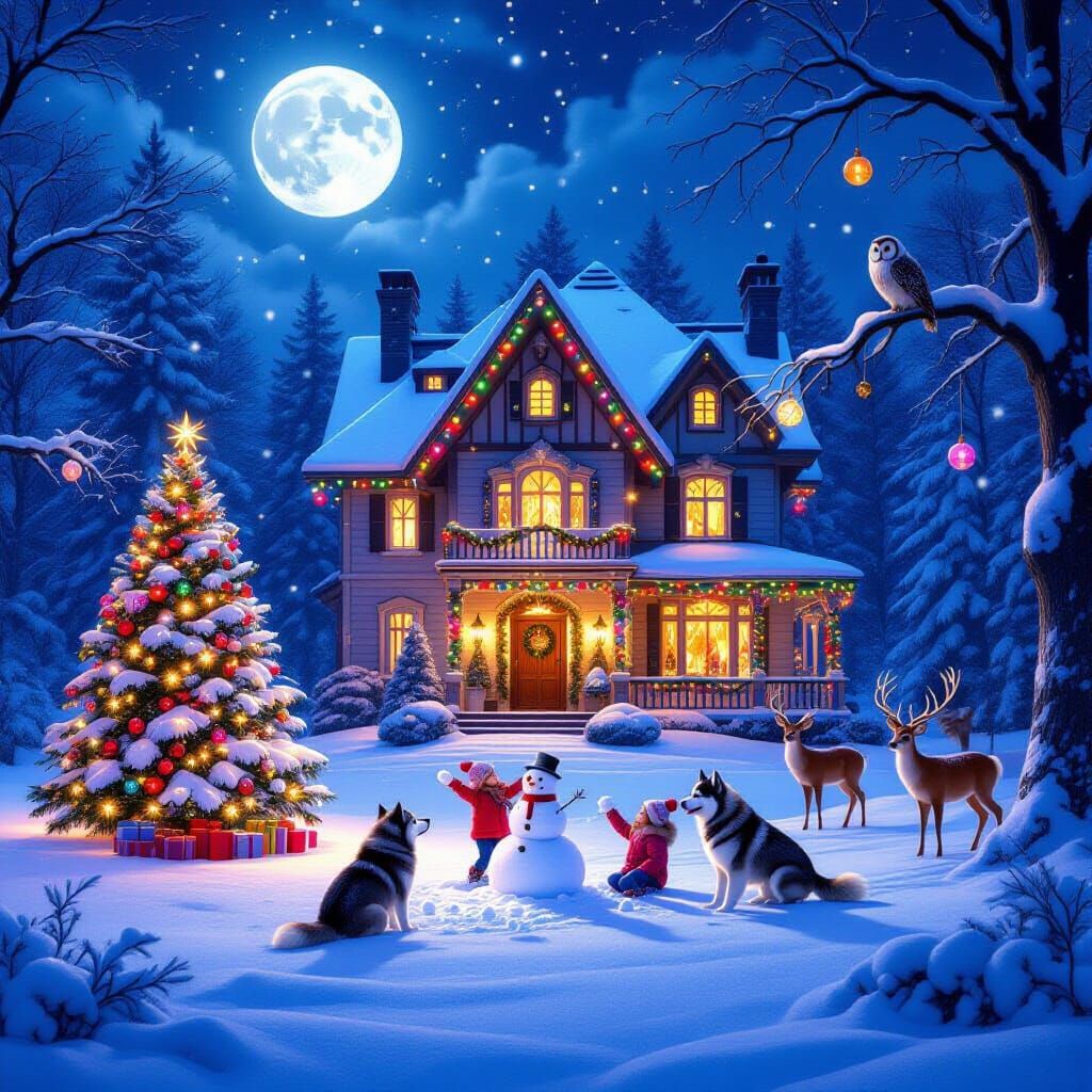 Enchanting Snowy Forest Home Aglow Under Full Moon