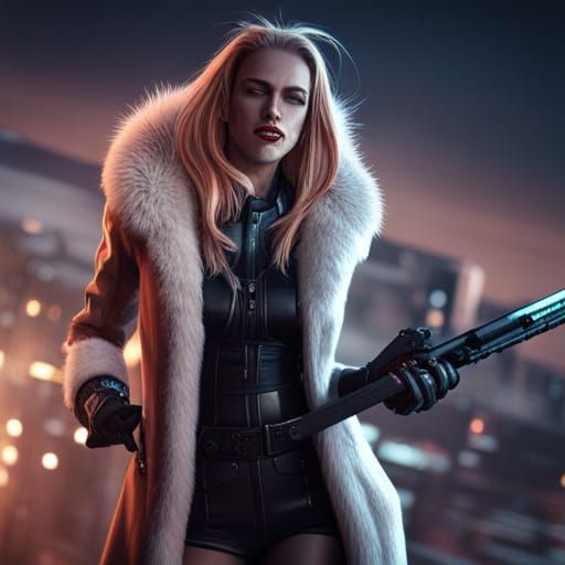 Female Mafia Boss Laughing in Snow, Sci-Fi Render