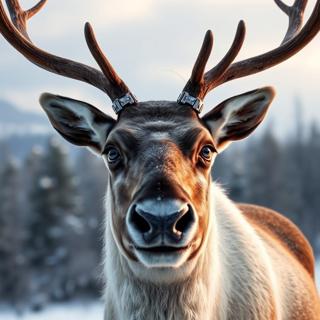 Photorealistic Portrait of a Majestic Male Reindeer in Winte...