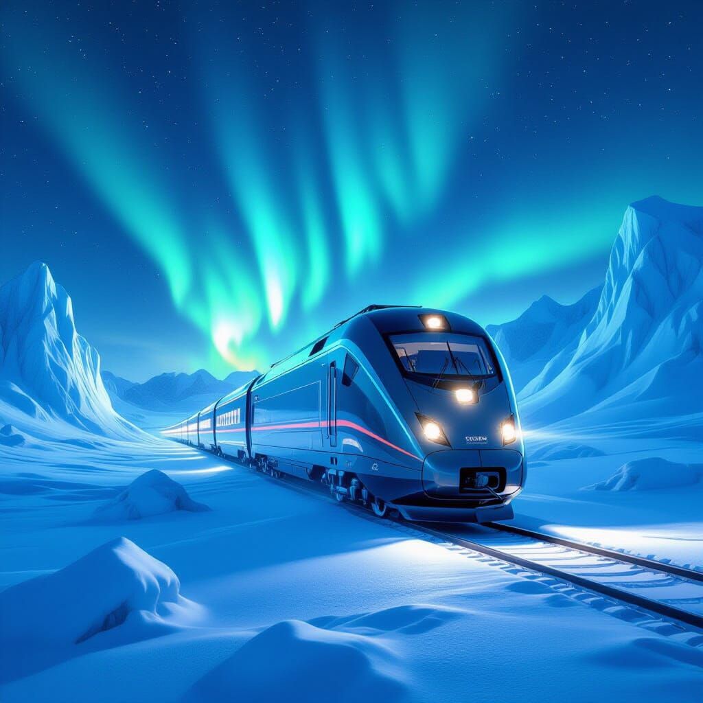 Retro-Futuristic Arctic Train Under Aurora Borealis