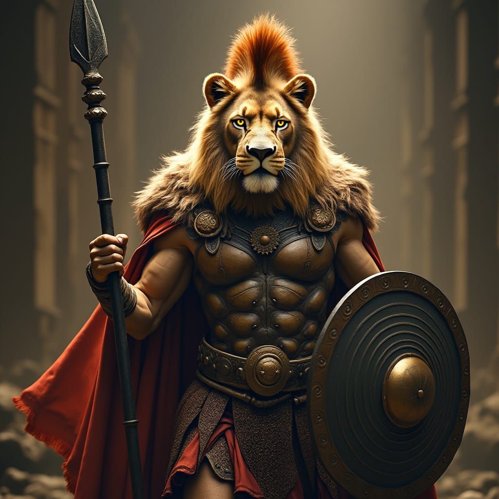 Lion Warrior in Spartan Armor, Cinematic Film Still