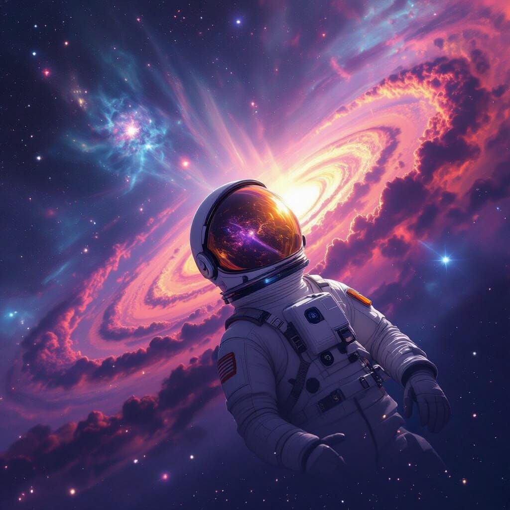 Astronaut Adrift in Vibrant Nebula, Galaxy Reflection