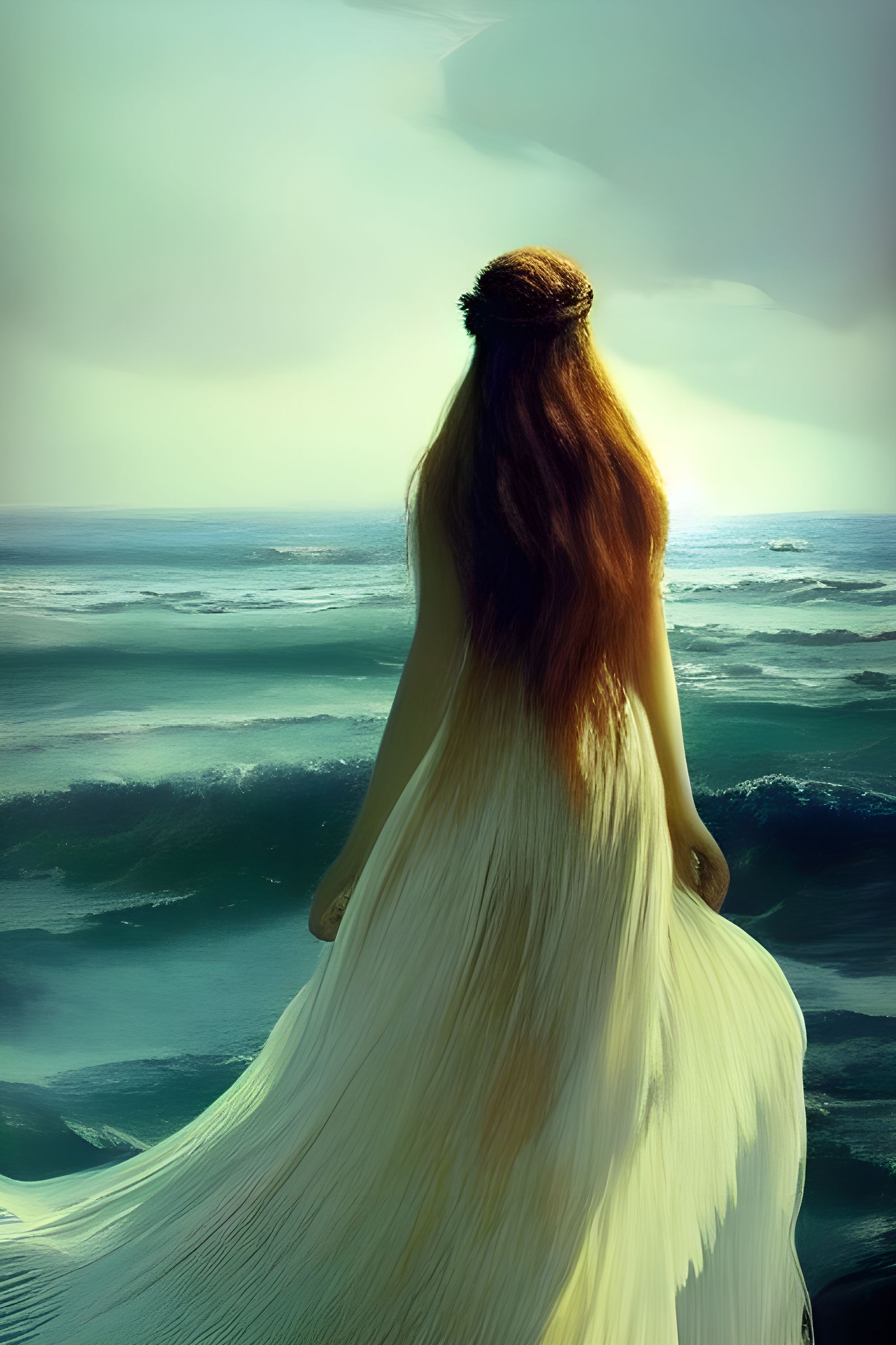 Mystical Maiden by the Ocean in Impressionist Style