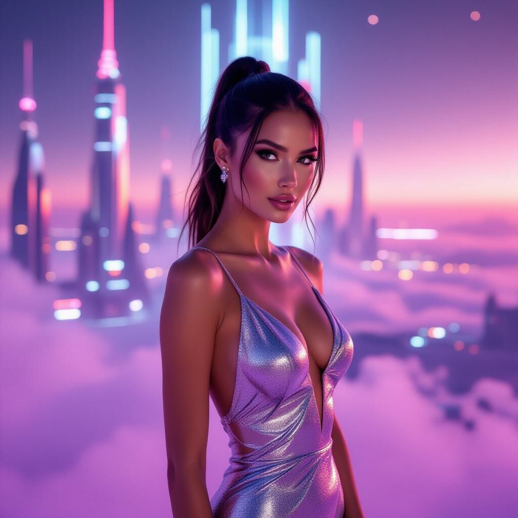 Glamorous Woman in Shimmering Dress in Neon Cityscape