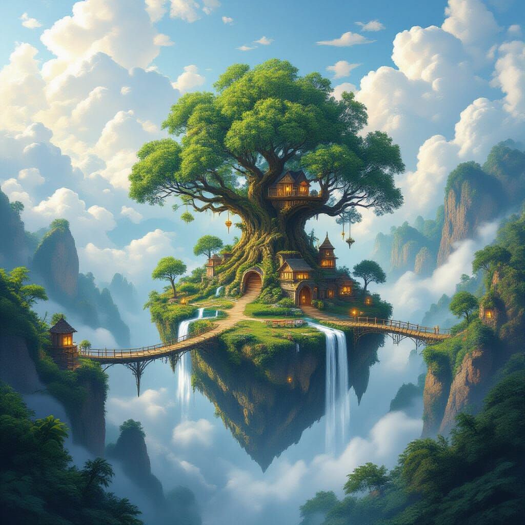 Floating Forest Island with Sky Waterfalls and Lanterns