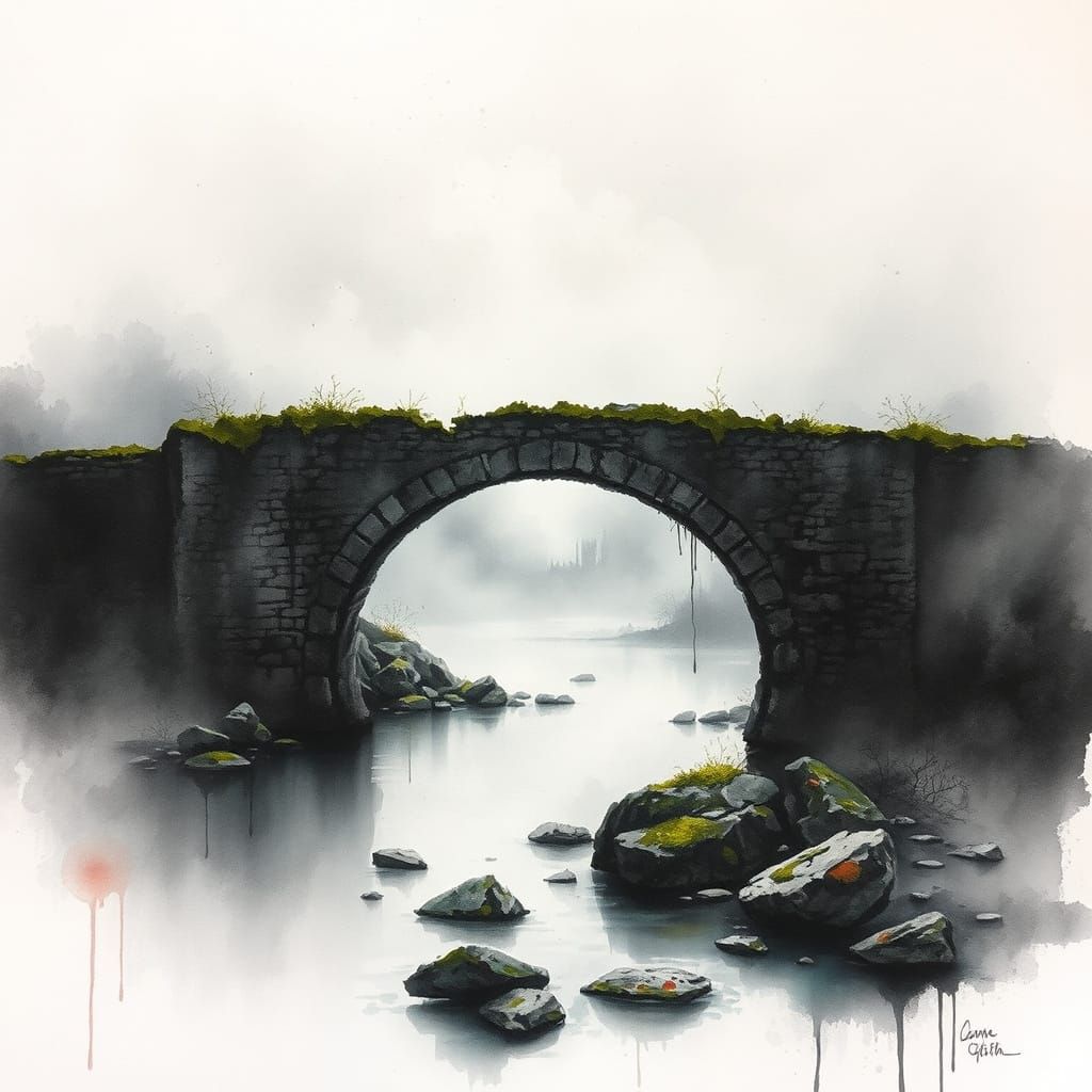 Ethereal Ruins Bridge in Dreamlike Haze