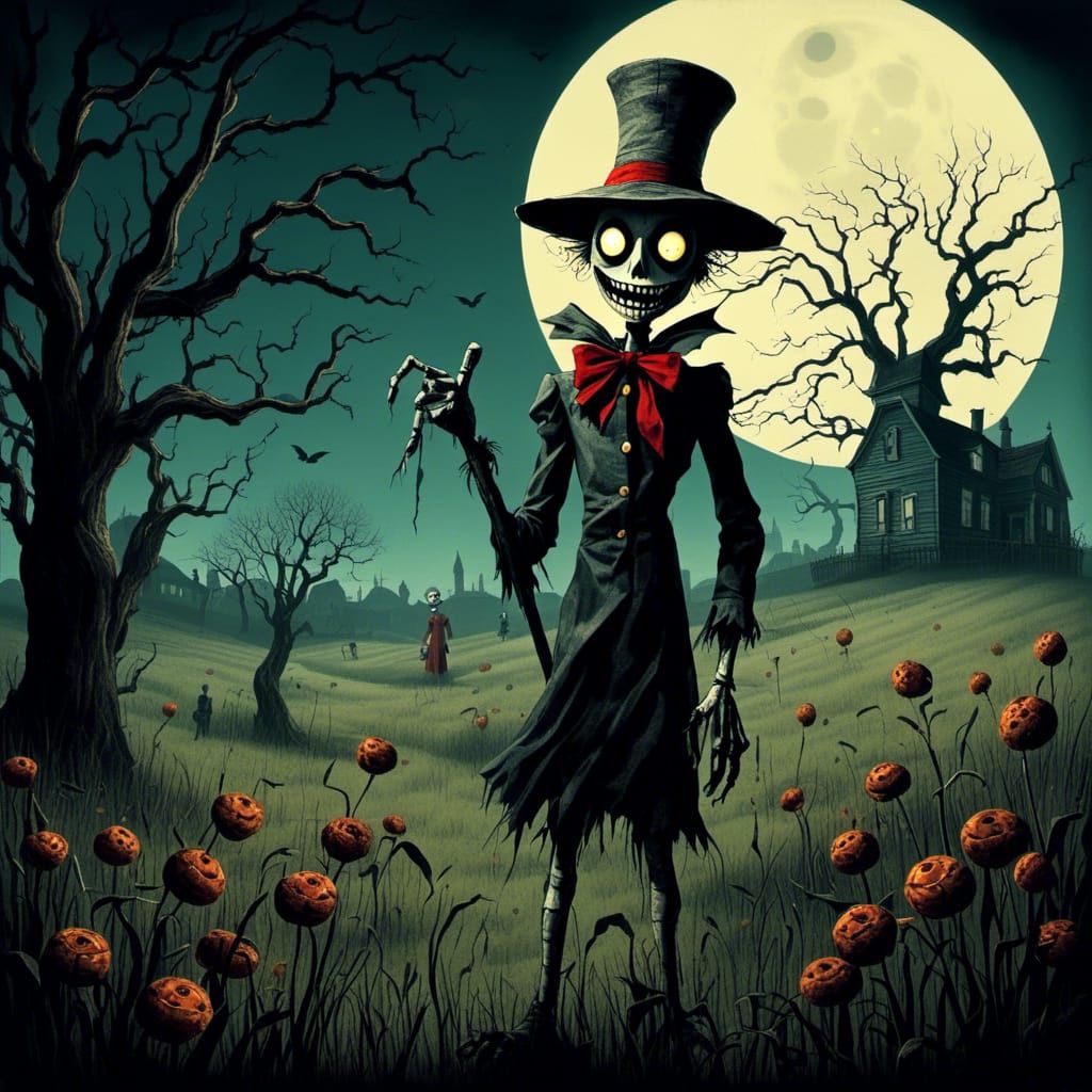 Creepy Scarecrow with Glowing Smile in Moonlit Field