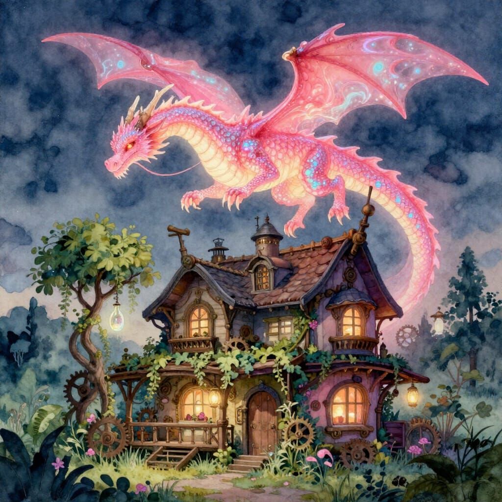 Bioluminescent Pink Dragon Above Steampunk Ecopunk House in ...