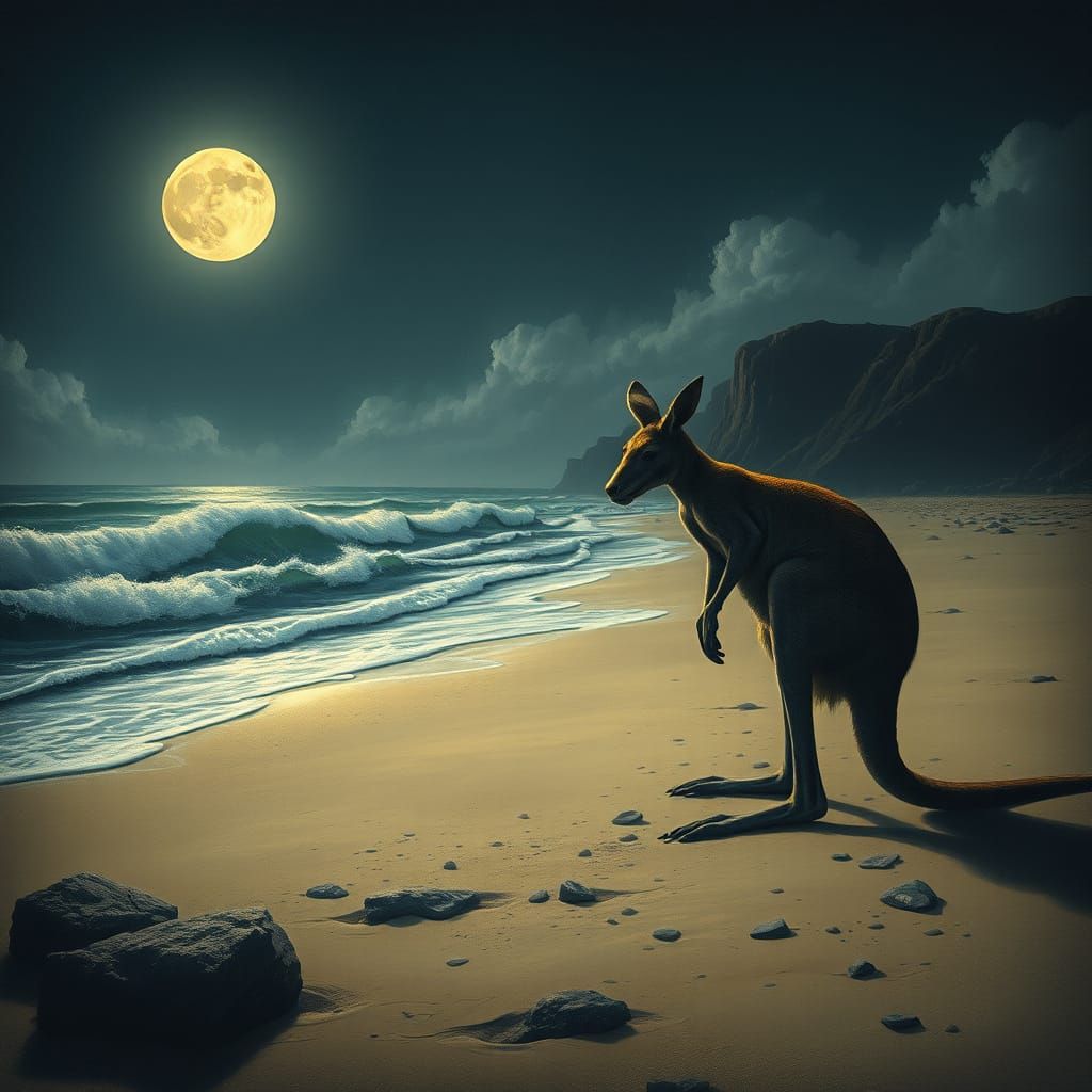 Moonlit Kangaroo Contemplates Ocean: Surreal Dark Art