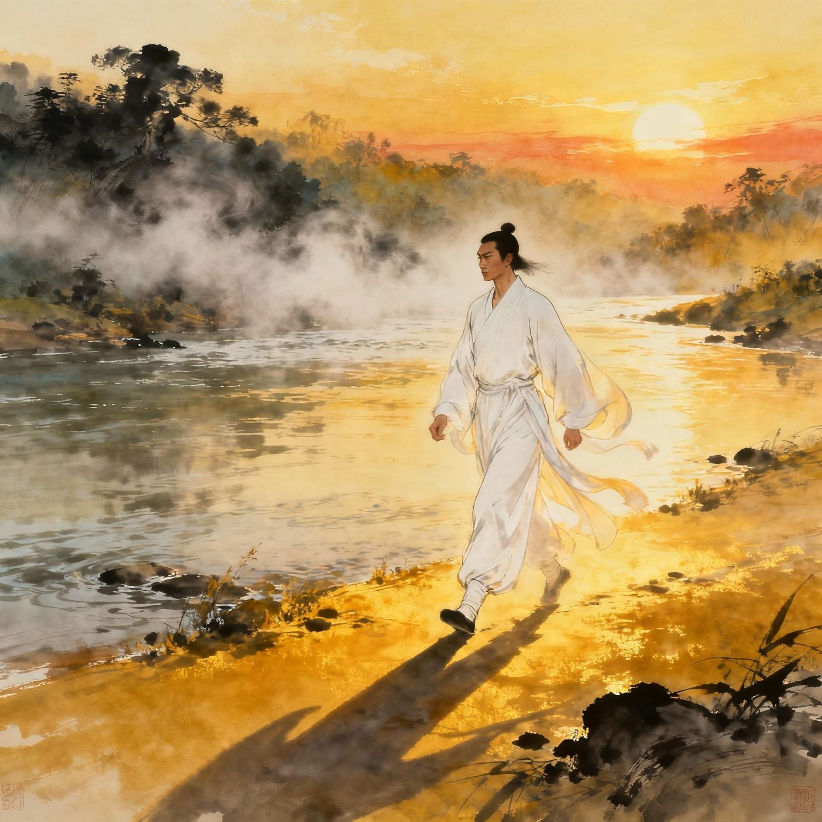 Martial Artist Walks Serene Riverbank at Sunrise