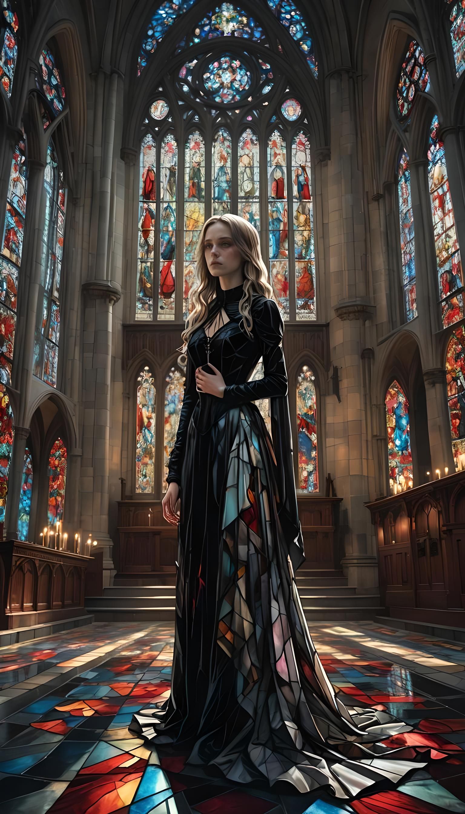 Gothic Church Scene with Woman in Ballgown