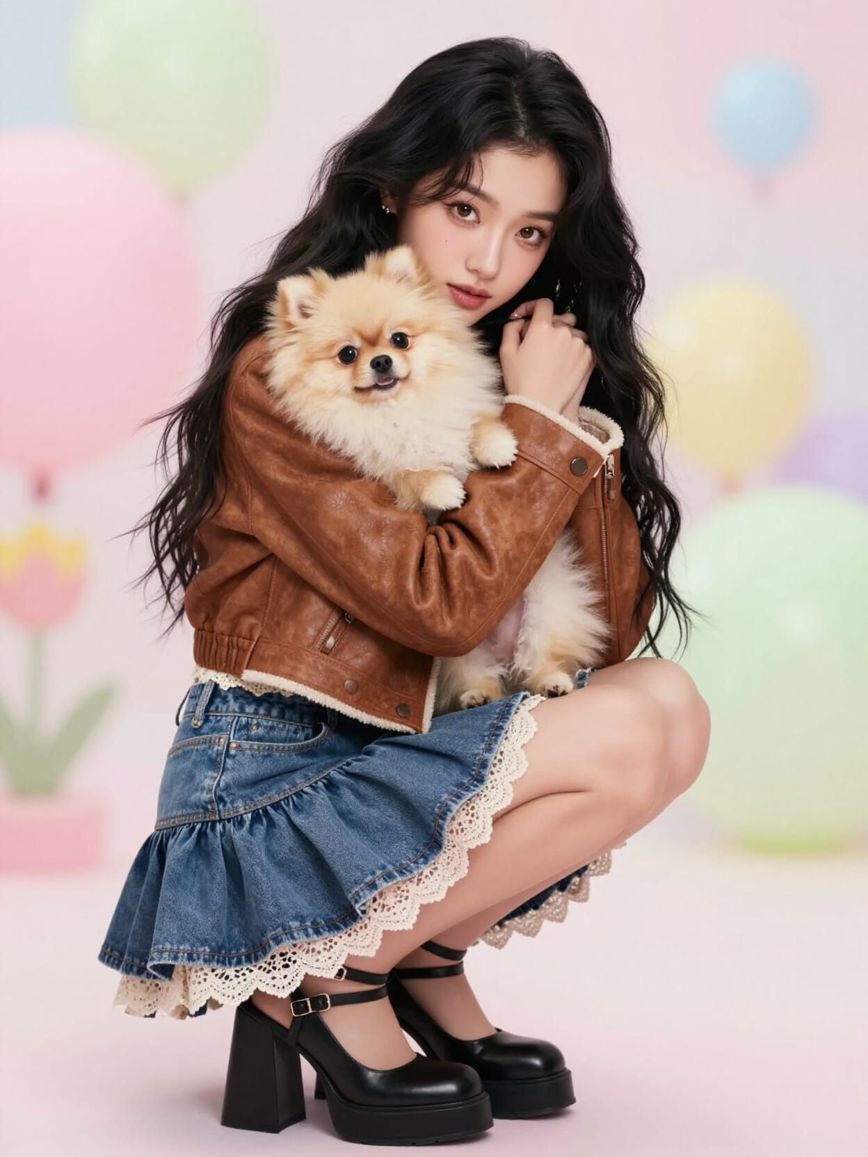 Kawaii Fashion Model with Pomeranian Dog