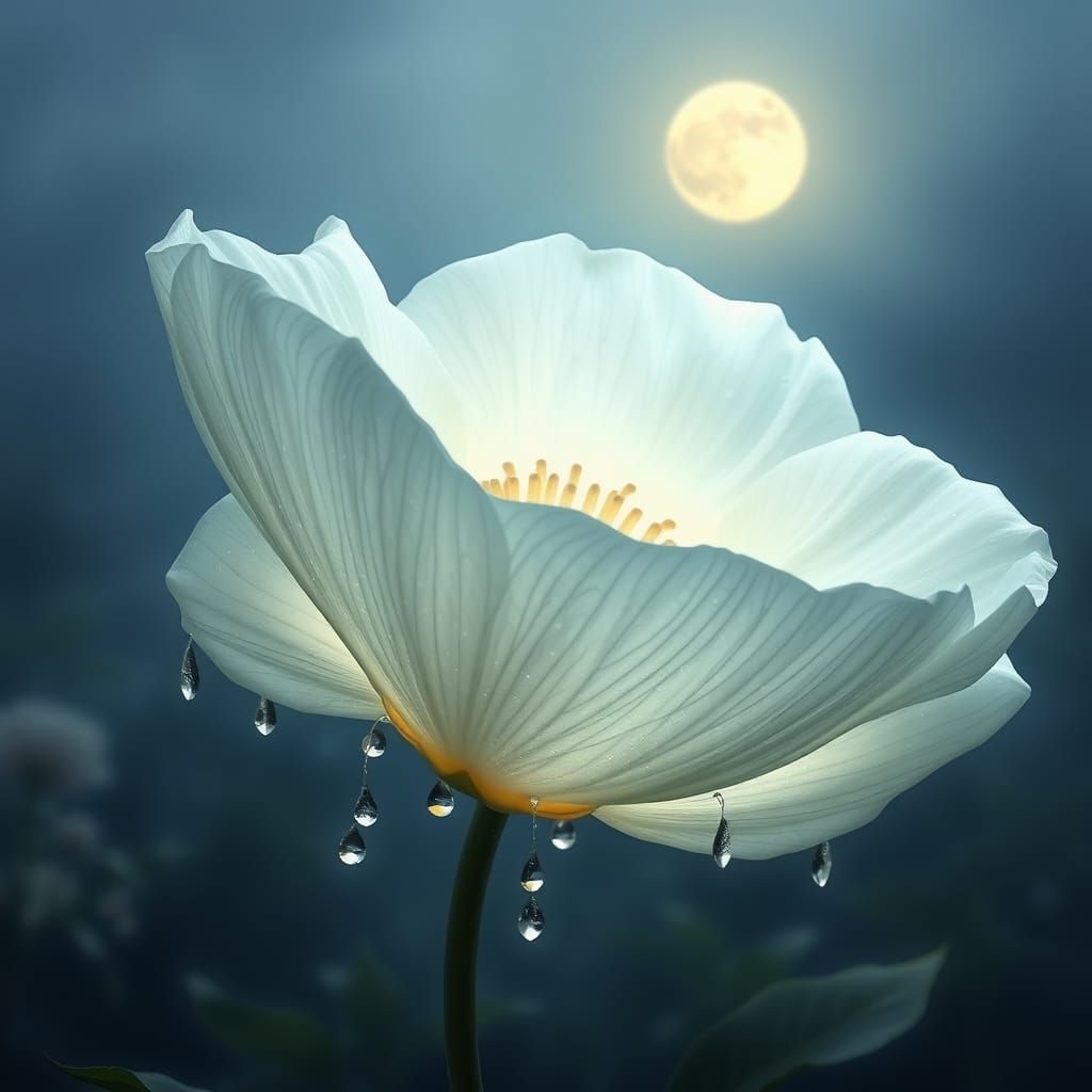 Luminous White Moonflower Blooming in Misty Evening