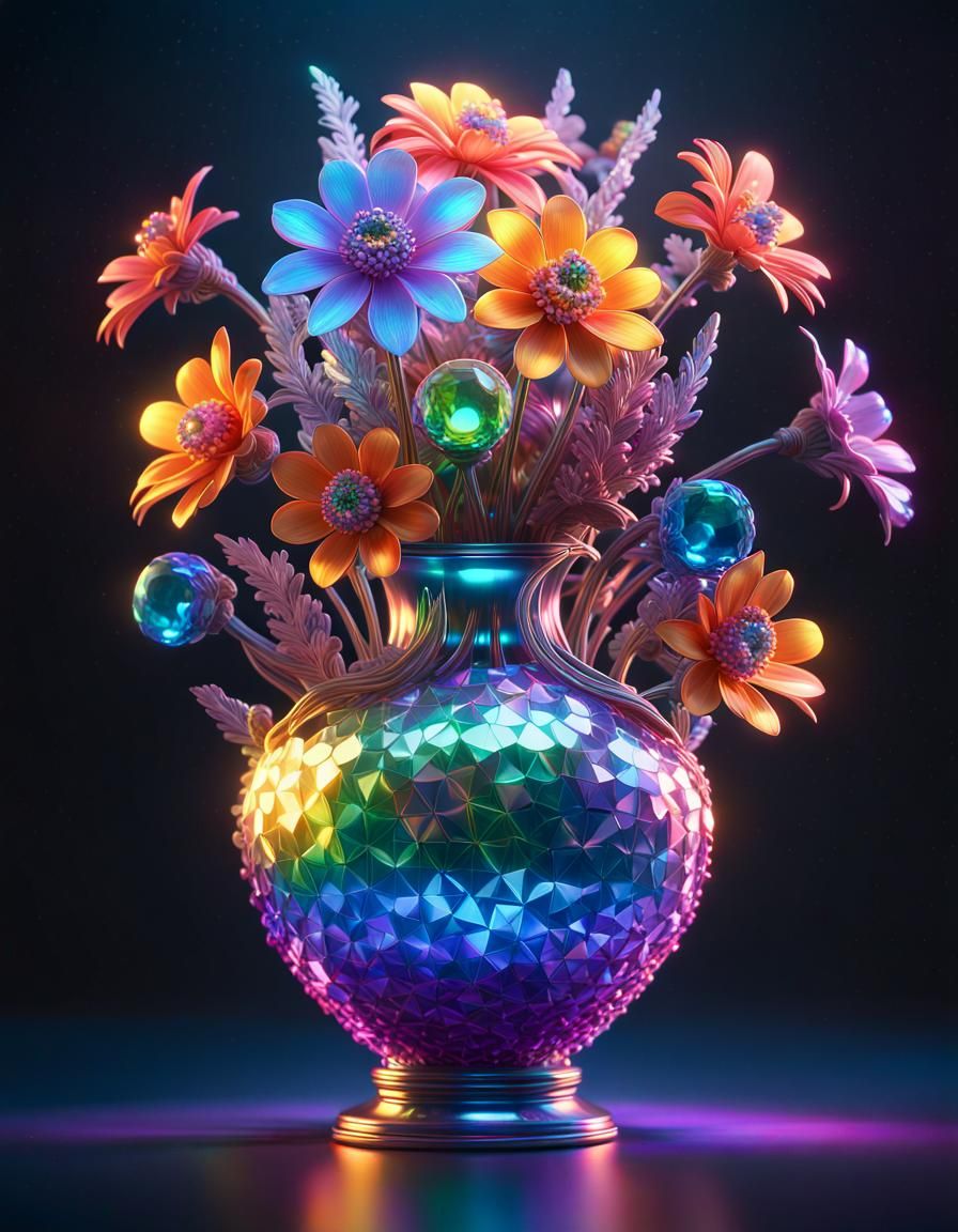 Iridescent Vase with Crystal Flowers in Cyberpunk Style