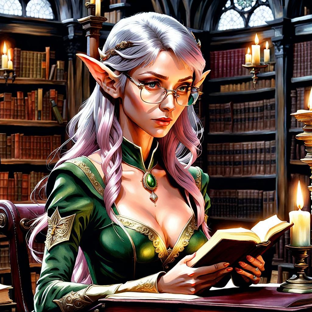 Savant elf searching an old grimoire