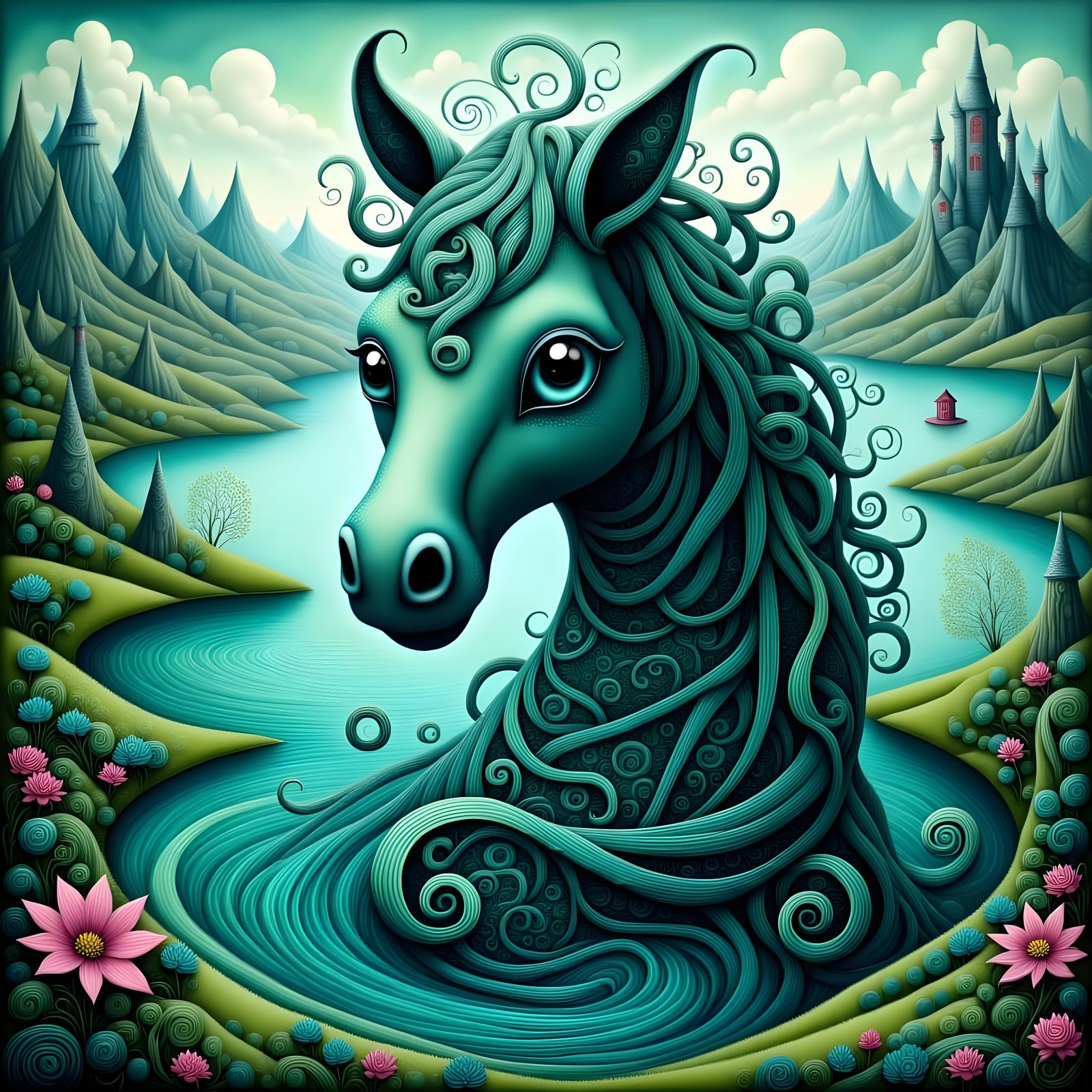 Mystical Scottish Water Kelpie in Whimsical Fractal Landscap...