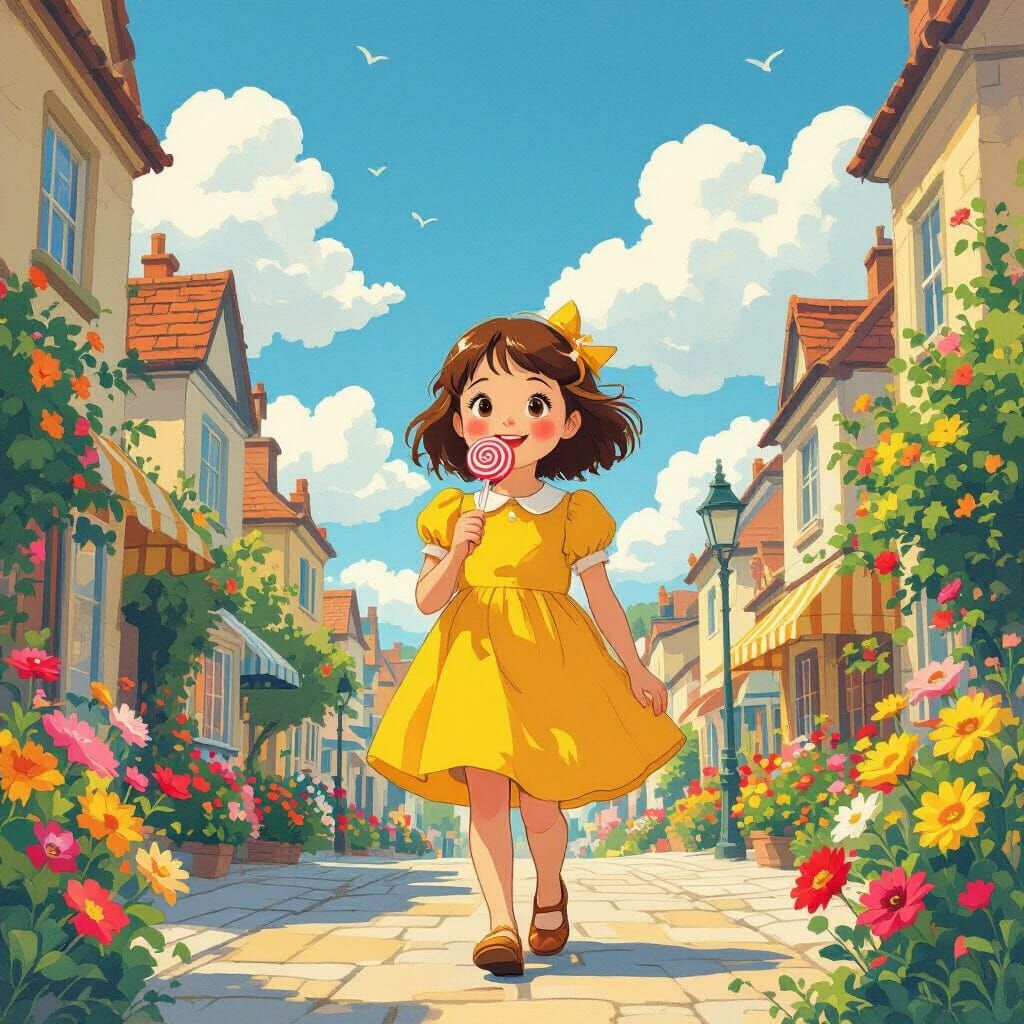 Girl with Lollipop in Sunny City, Whimsical Art