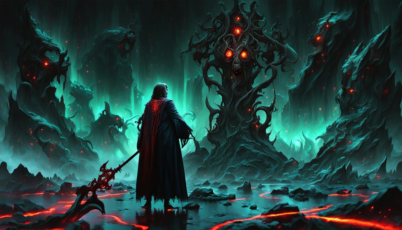 Gothic Uriel in Desolate Hades Landscape with Biomechanical ...