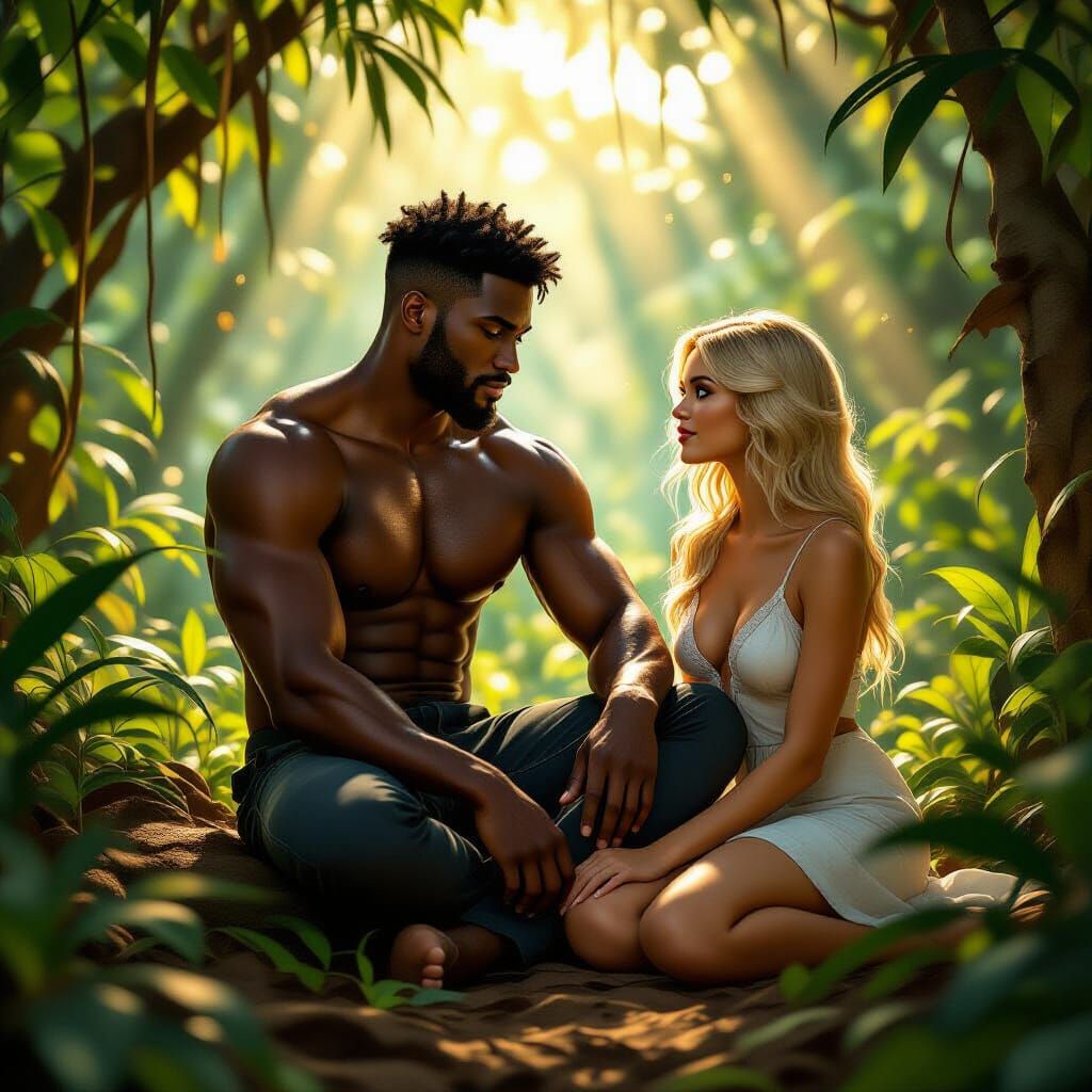 Black Man and Blonde Woman in Sun-Dappled Jungle Clearing