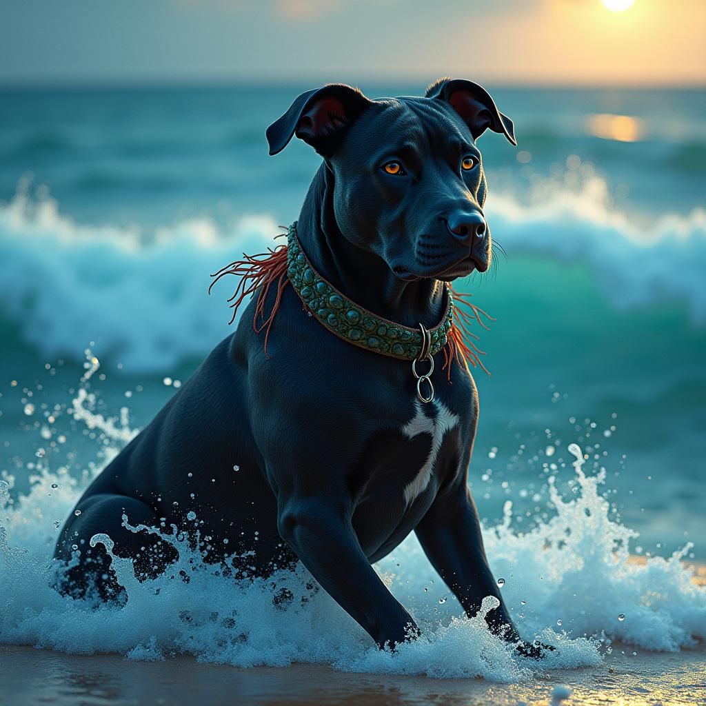Majestic Black Pit Bull in Turquoise Ocean