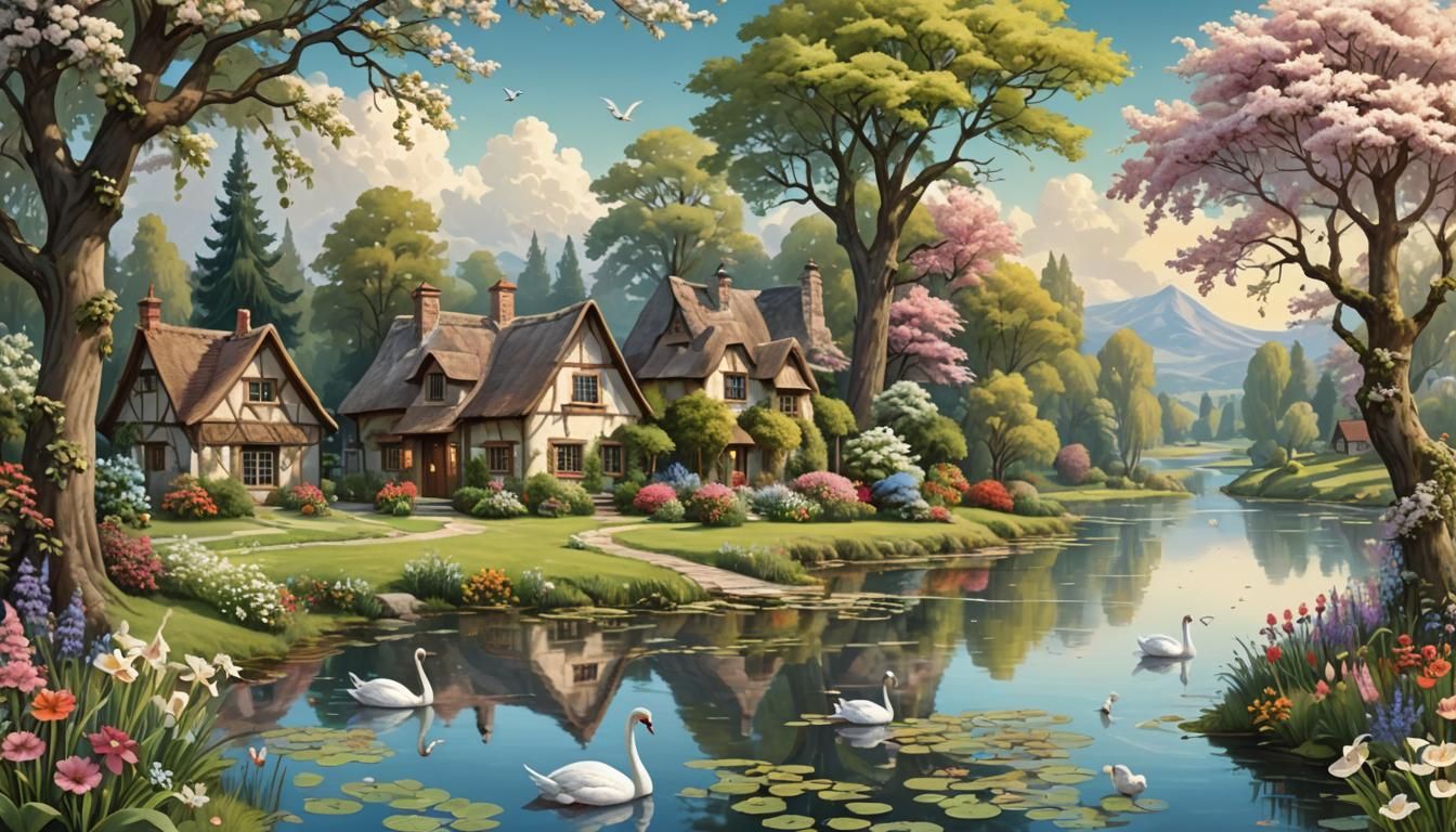 Fantasy Lakeside Landscape with Swans and Cottage