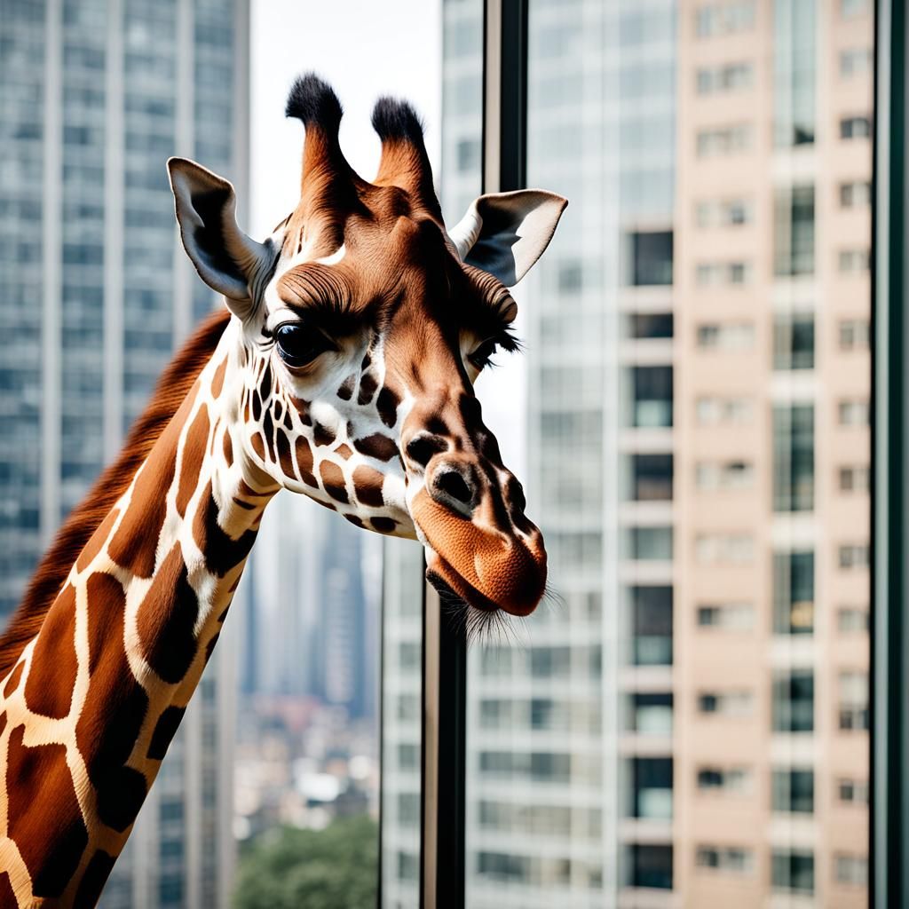 Friendly Giraffe Lurks Outside Skyscraper Apartment in Soft....