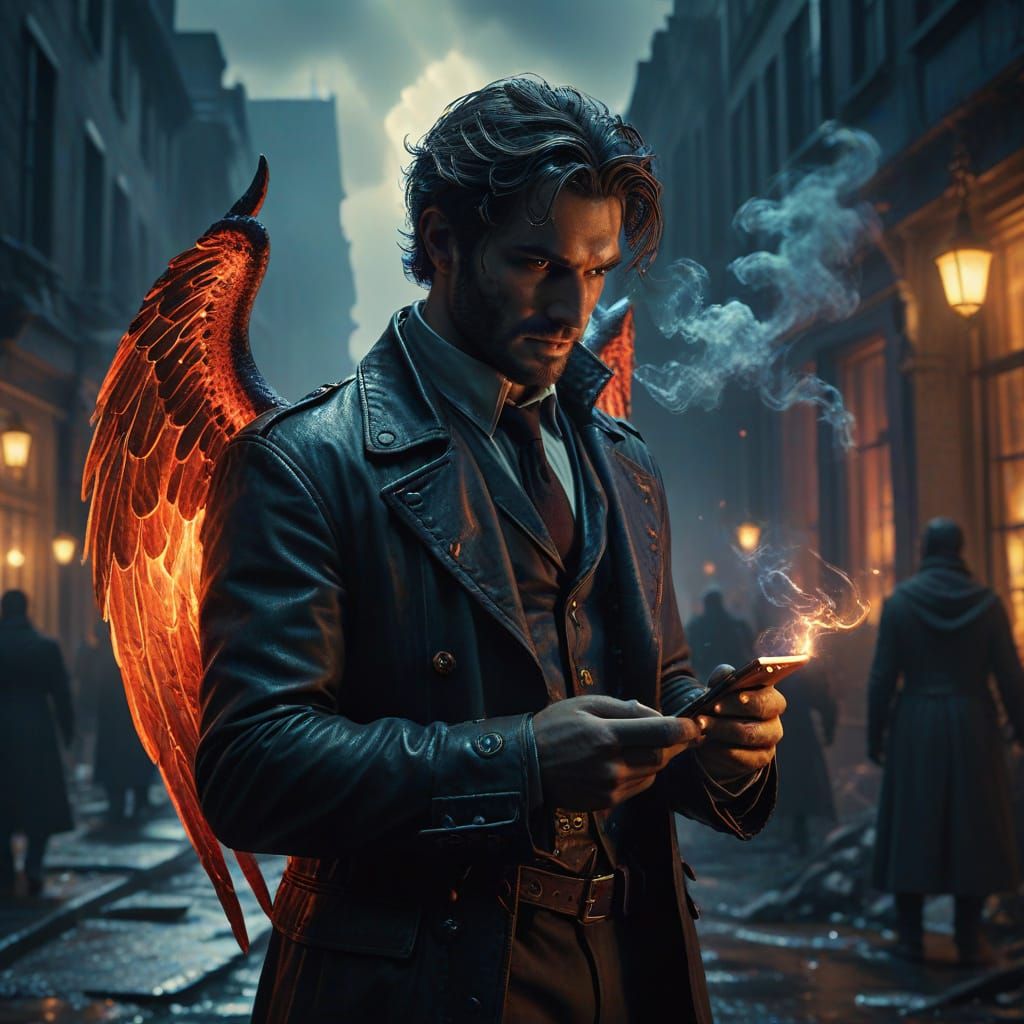 Hipster Angel in Leather Jacket with Divine Smartphone, Cont...