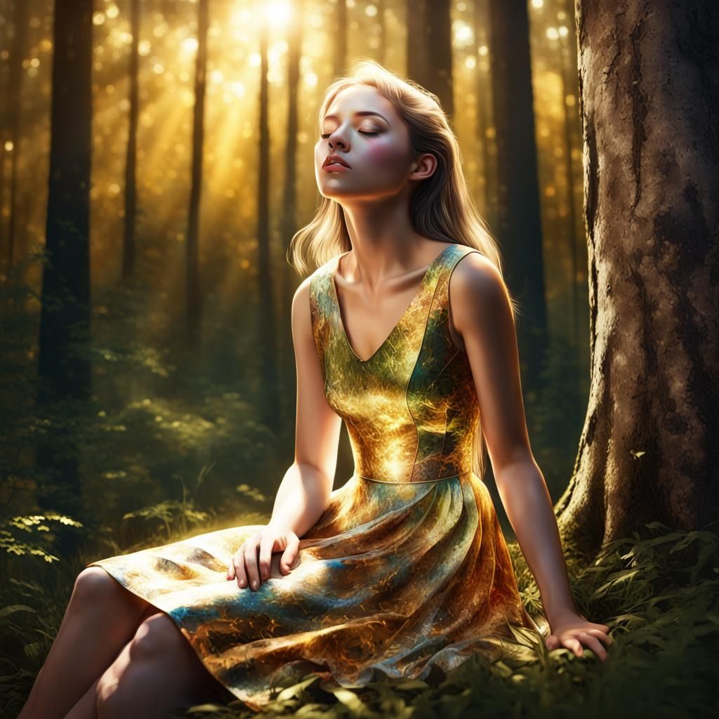 Girl in Forest with Golden Light, 3D Render