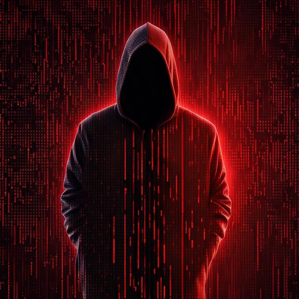 Hacker Silhouette in Red Binary Code