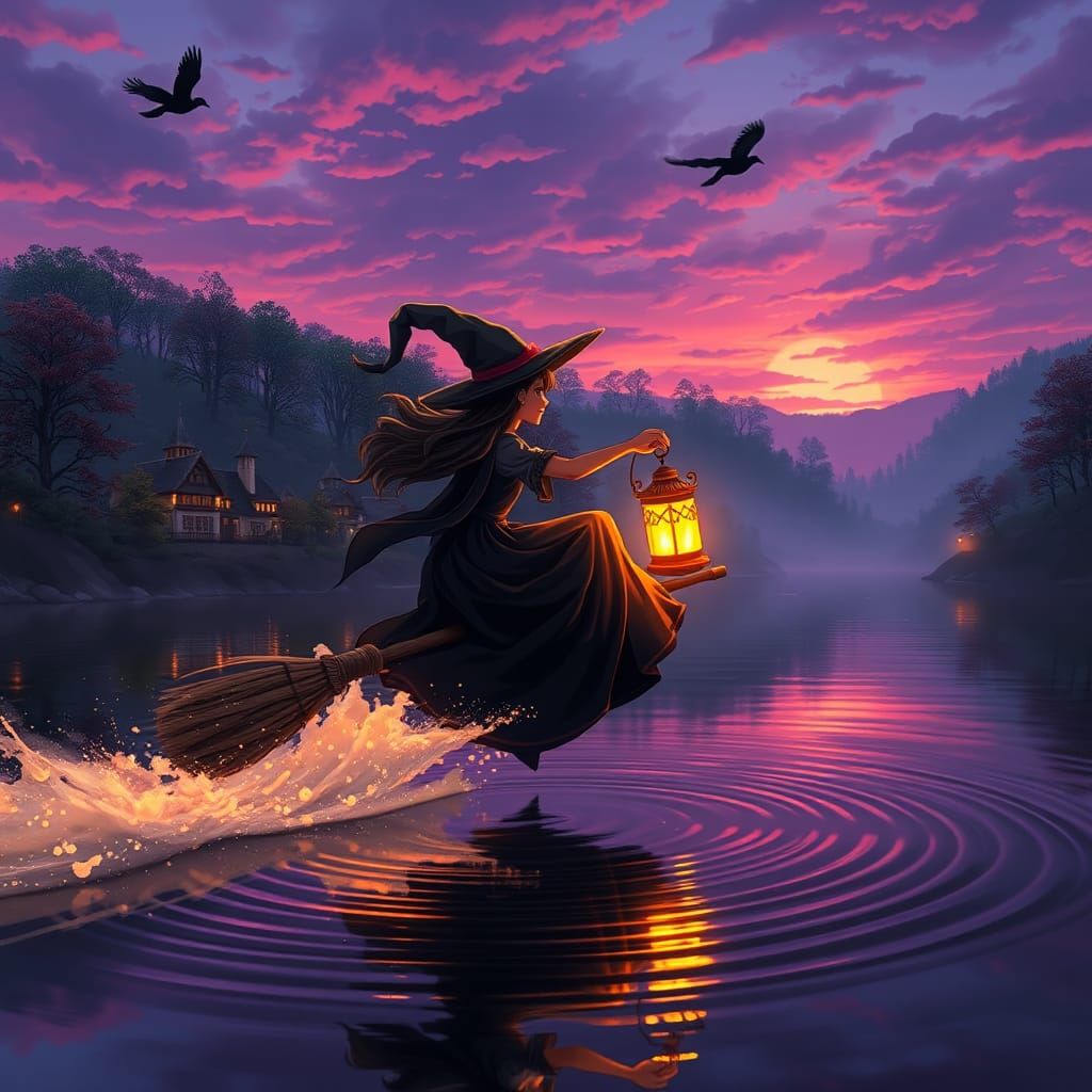 Cute Witch Flying into Mystical Forest