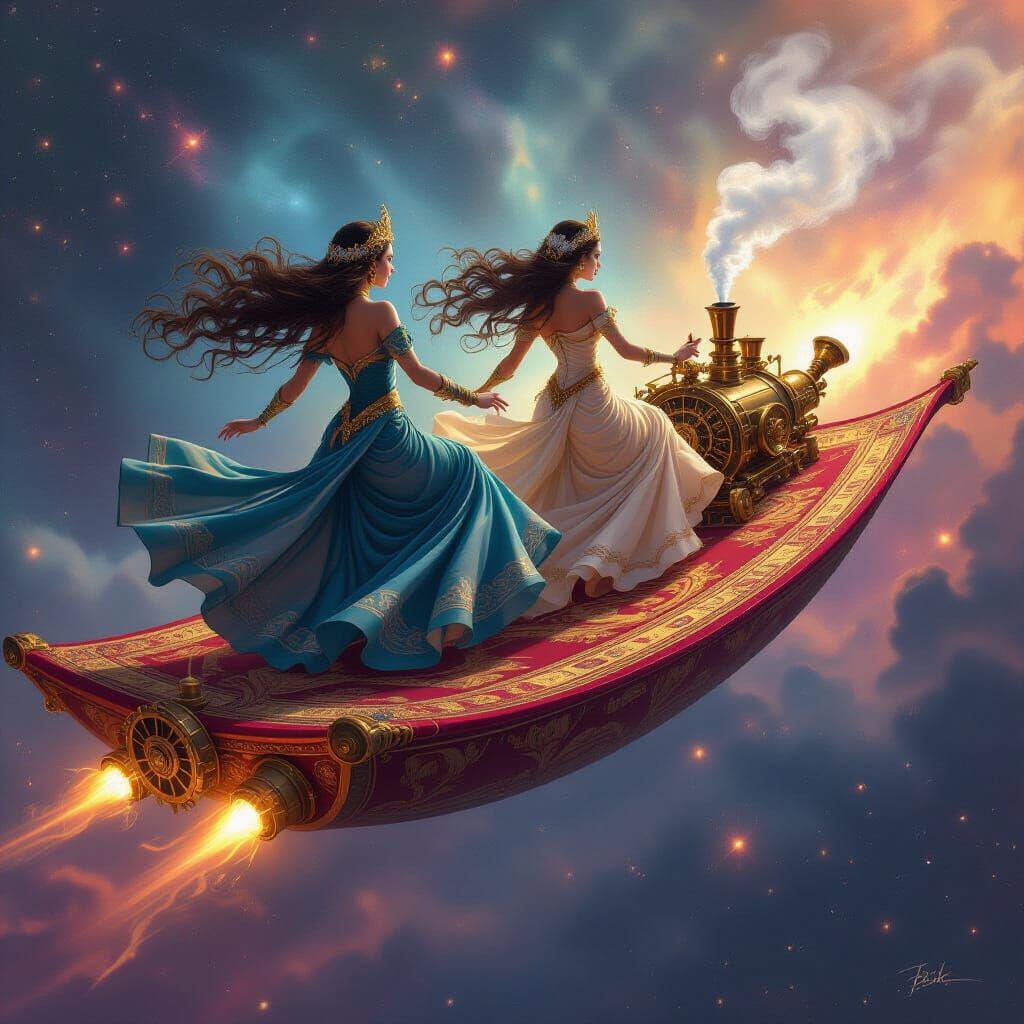 Goddesses Soar on Steampunk Magic Carpet Through Nebula
