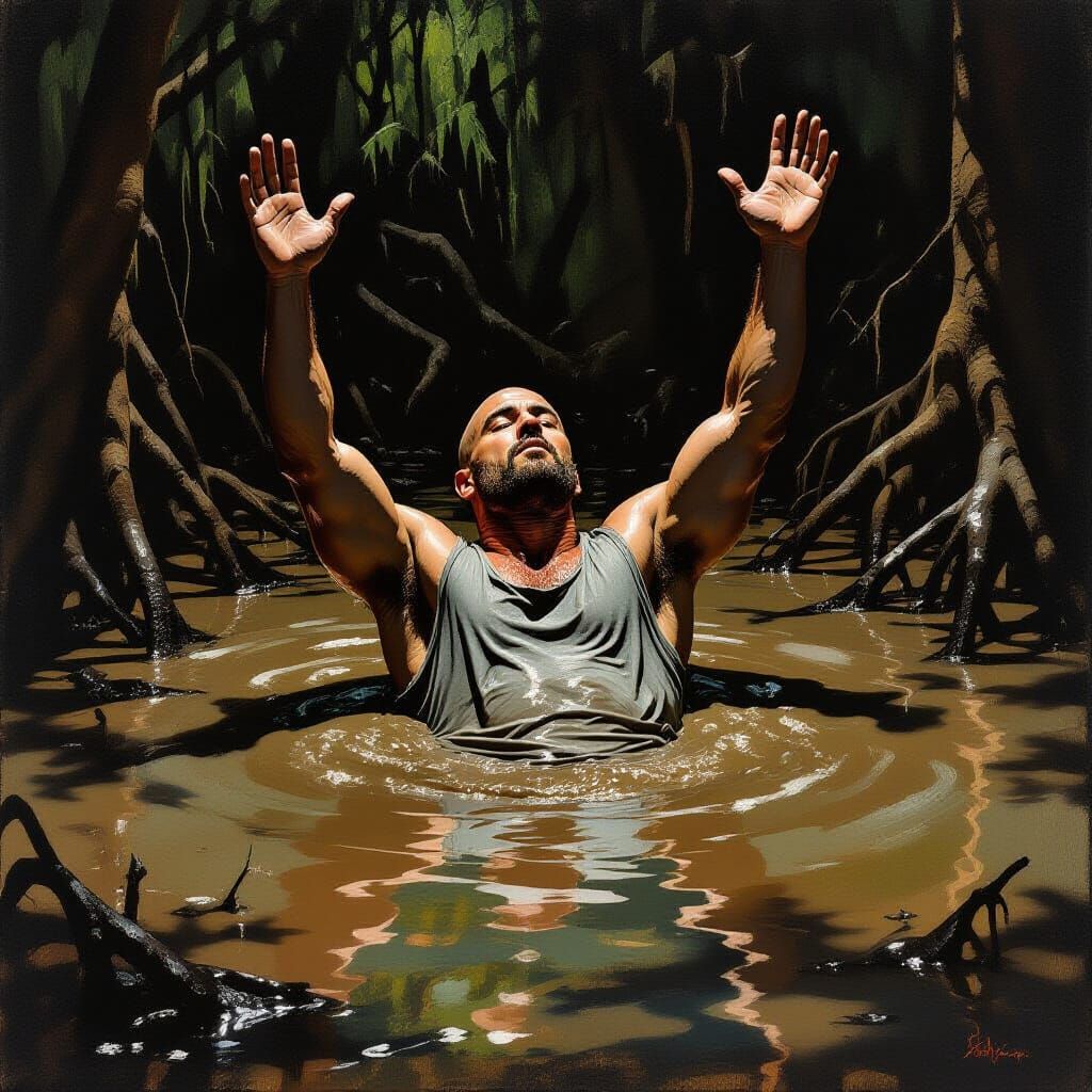 Man Sinking in Mud Pleads for Help Oil Painting