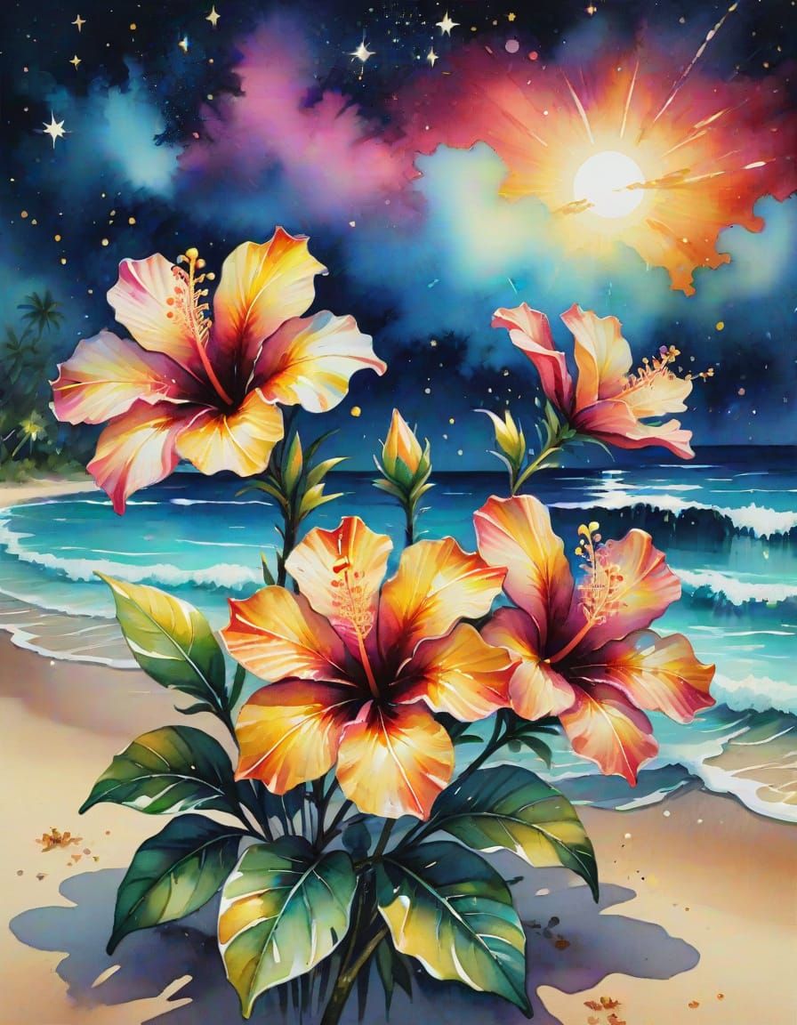 Crystal Hibiscus on Bioluminescent Beach: Watercolor Art