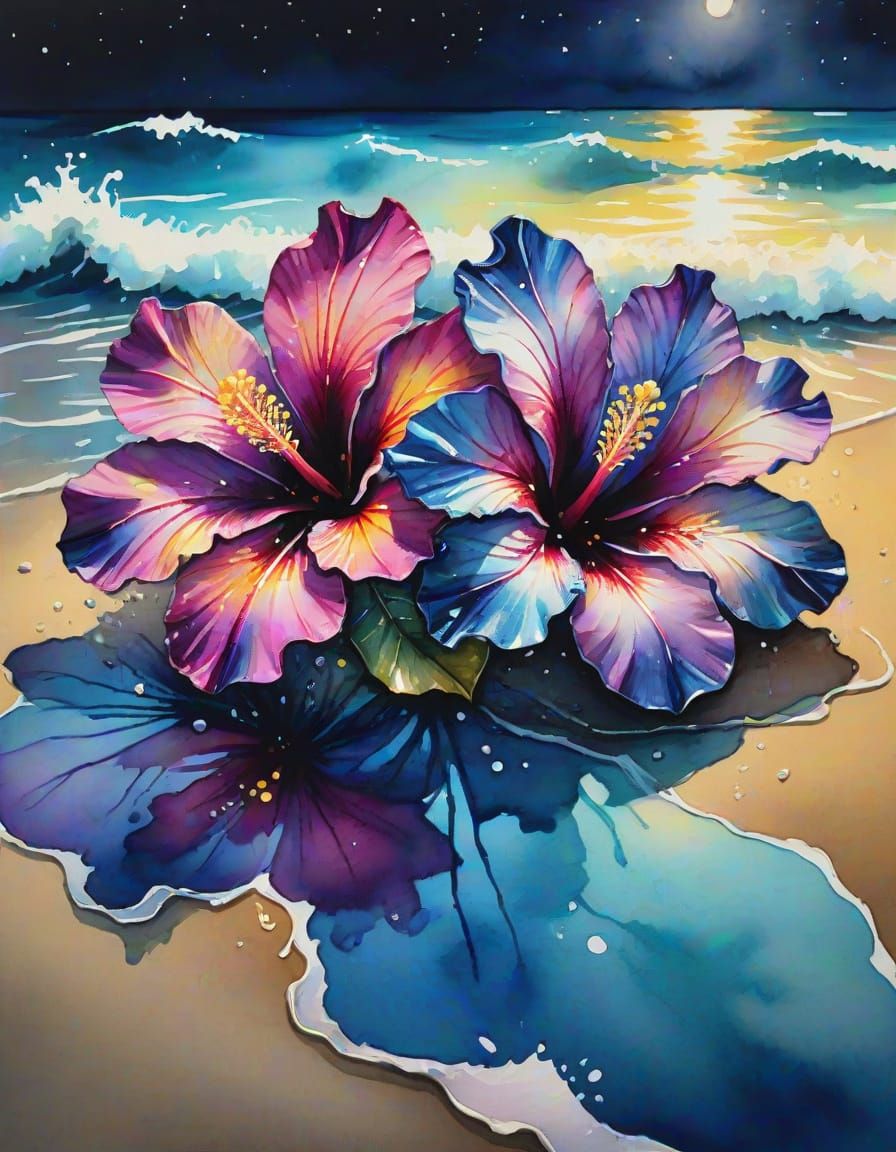 Crystal Hibiscus Flowers: Watercolor Beach at Night