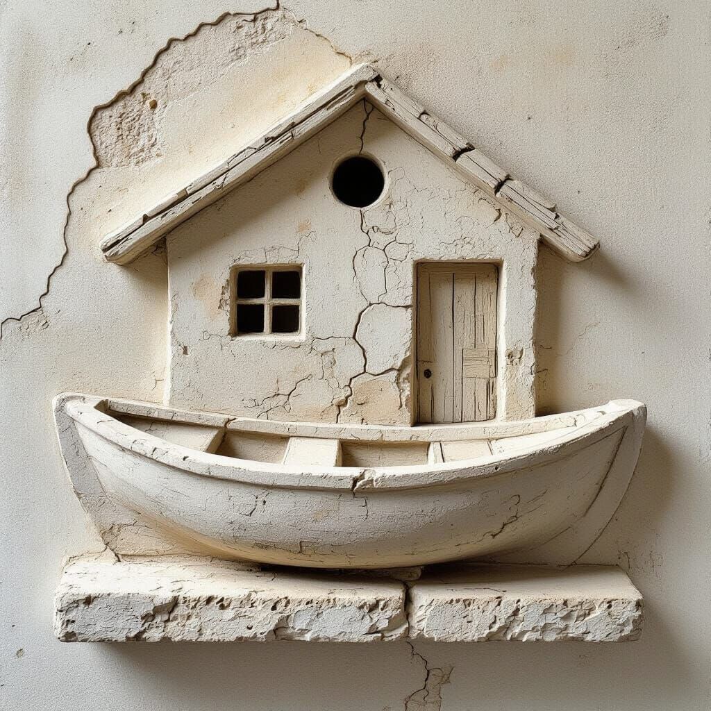 Tropical Shack and Boat in Bas-Relief Sculpture