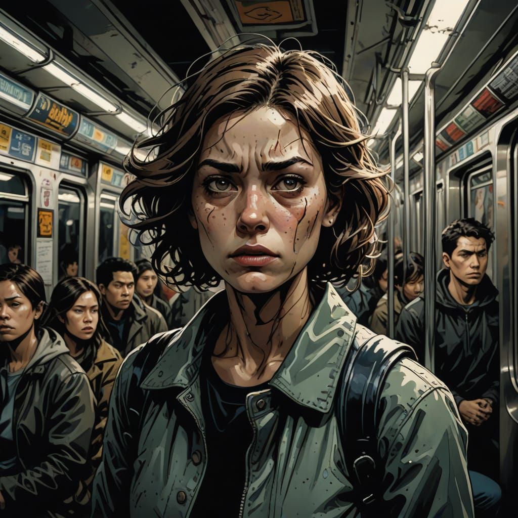 Woman Experiencing Sensory Overload on Subway in Comic Art S...
