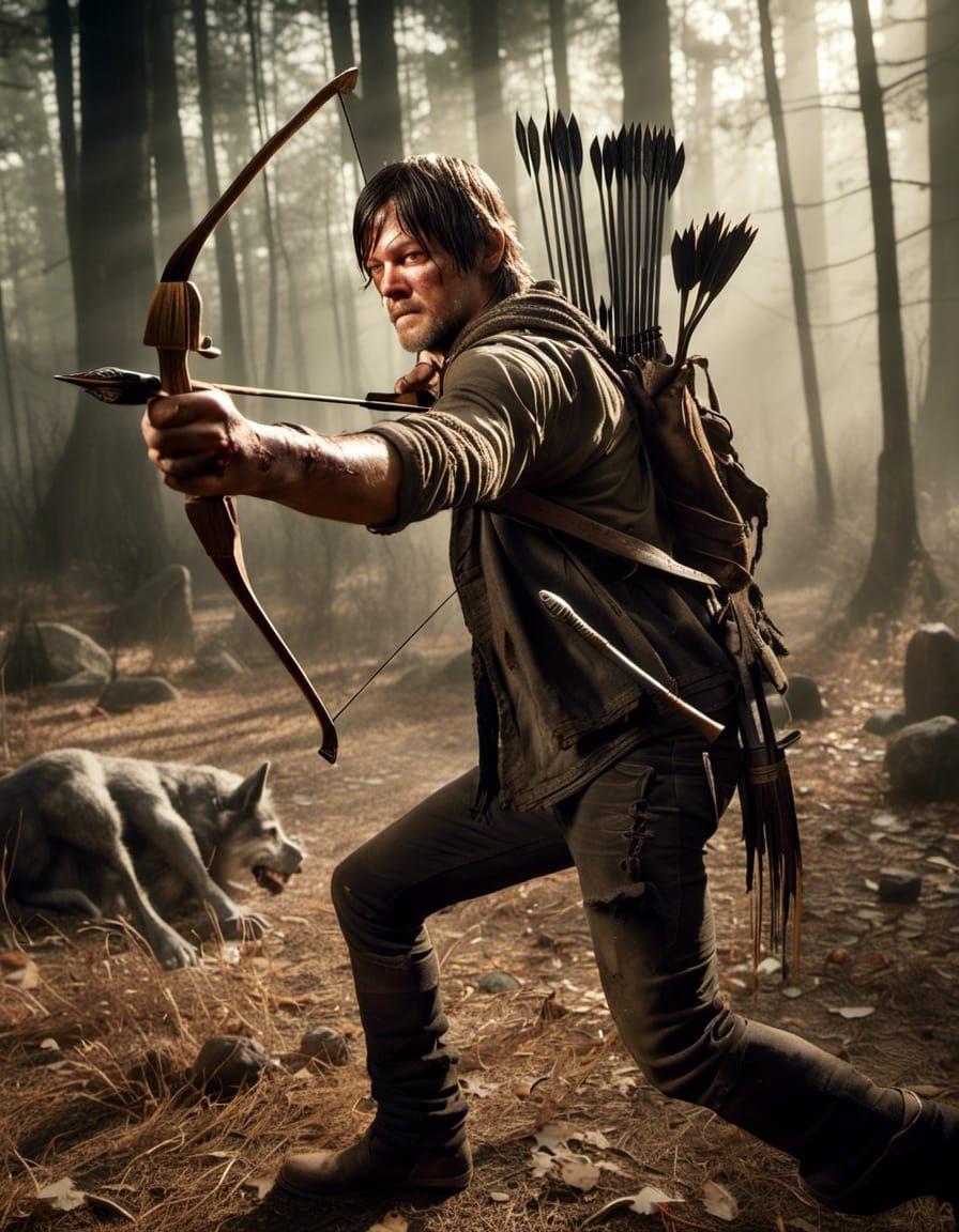 Daryl Dixon using bow and arrow to hunt
