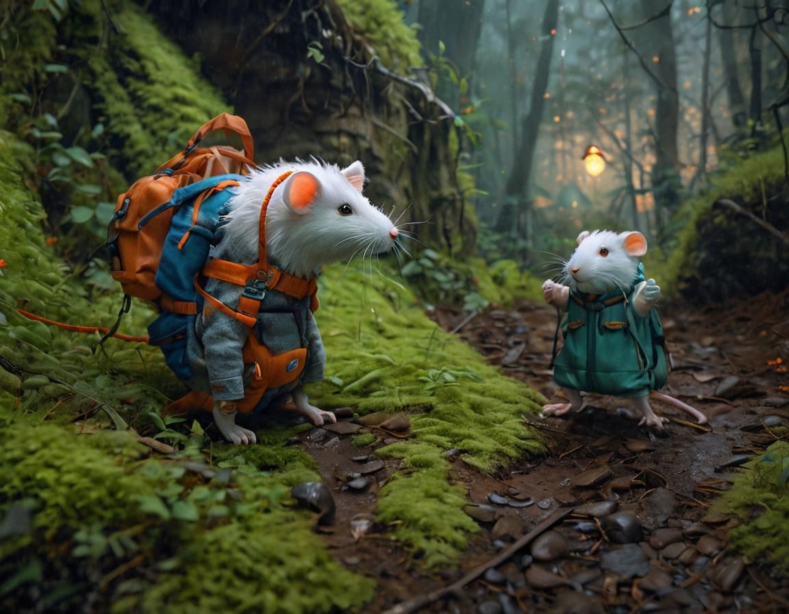 Plush Rat Climbs Misty Mountain Trail