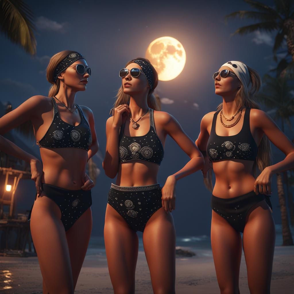 Bikini Models Moonlit Scene in 3D Game Style
