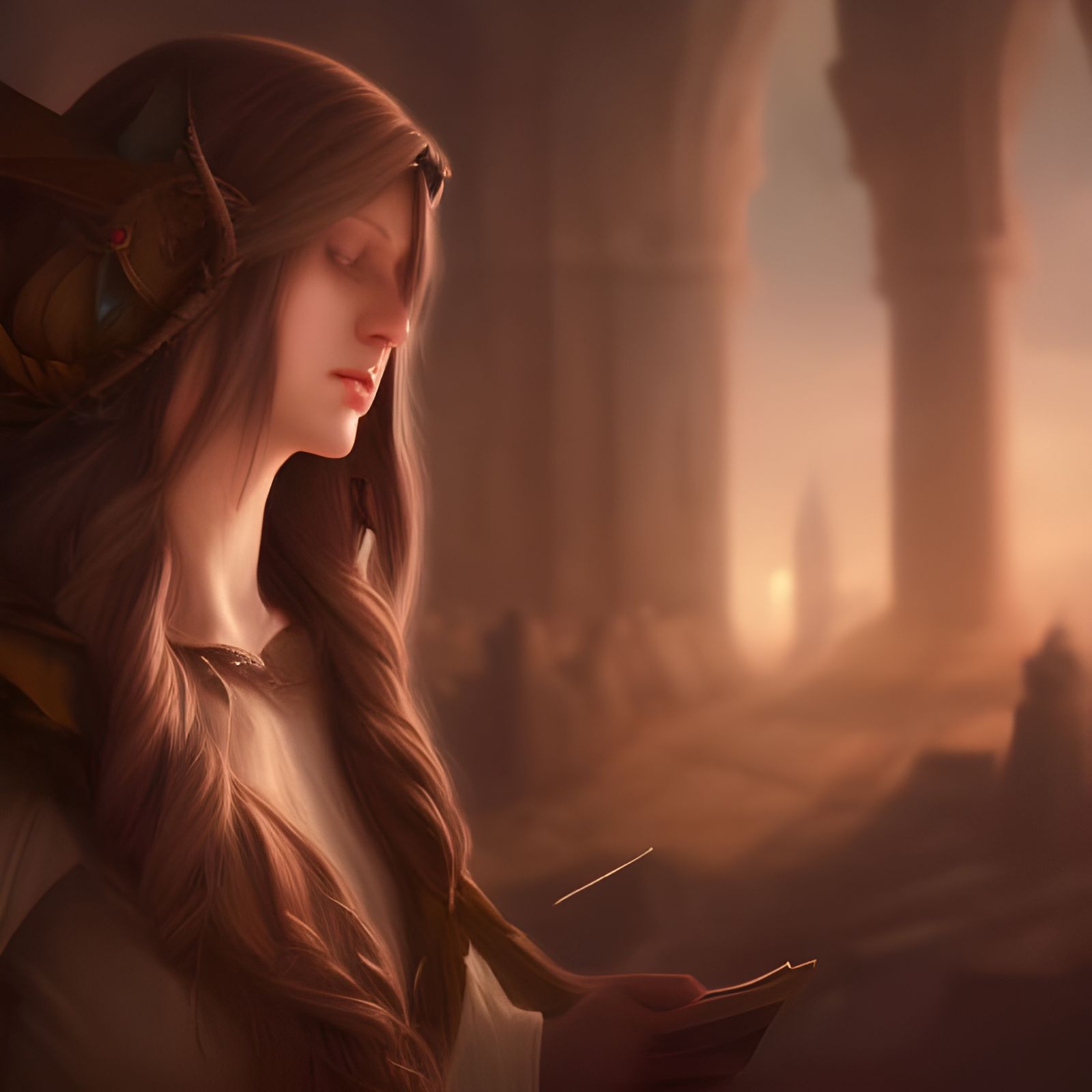 Fantasy Elf Sorcerer in Medieval Temple