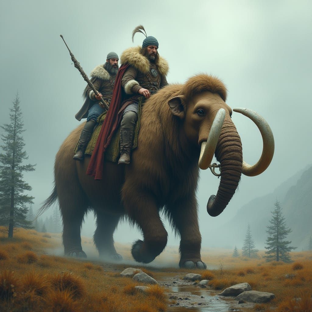 Vikings Ride Mammoth in Misty Nordic Landscape