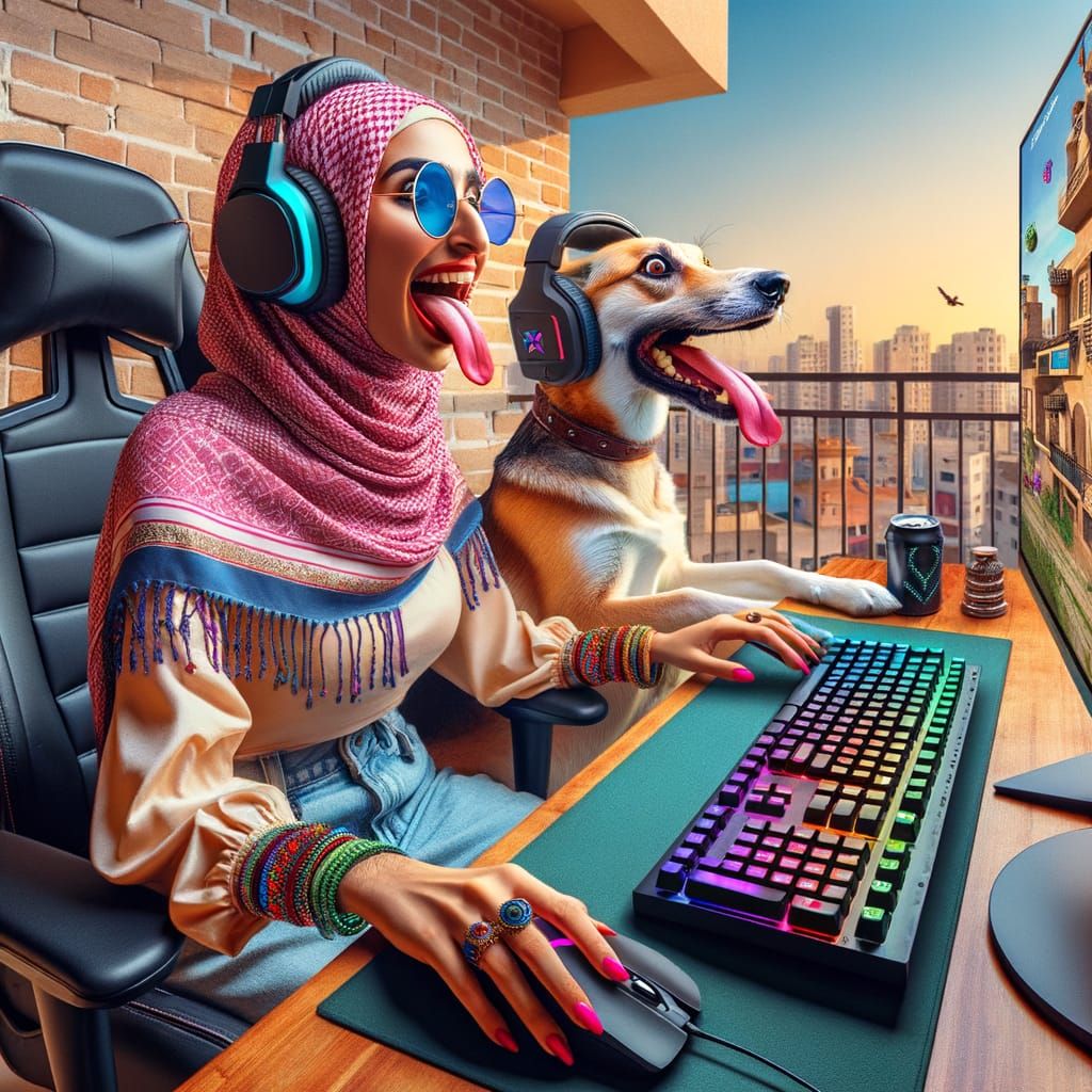 Gamer Lady and Dog Enjoying PC Game on Balcony