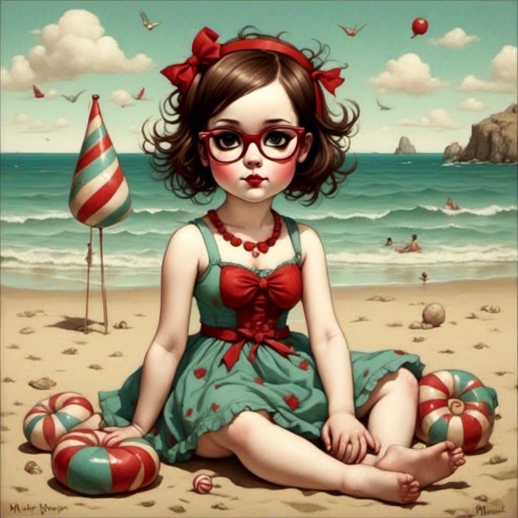 Happy Girl on Beach in Pop Surrealist Style