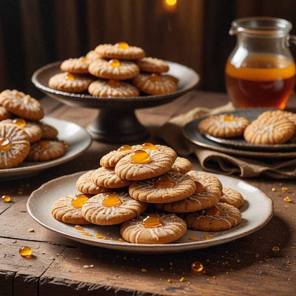 Warm Honey Cookies on Wooden Table in Golden Hour