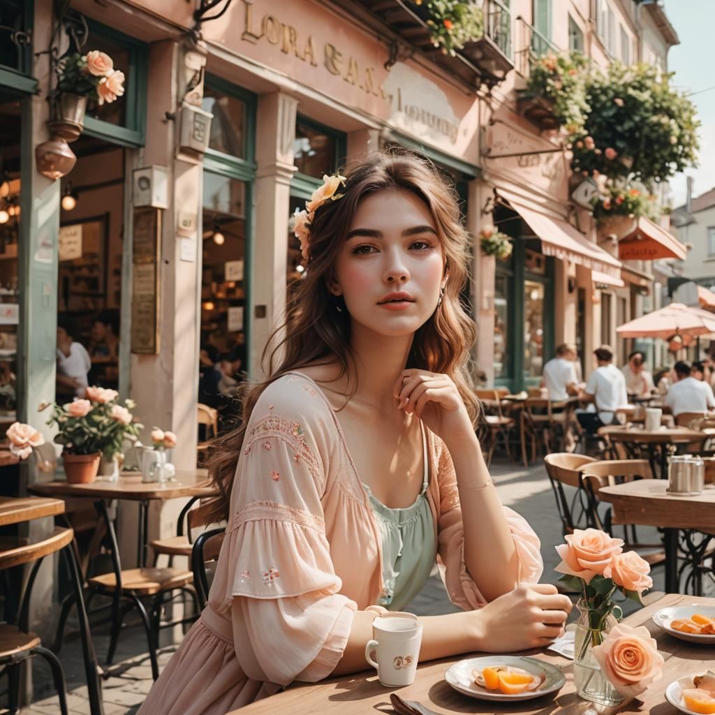 Woman in Summer Outfit at Cafe: Impressionistic Oil Painting