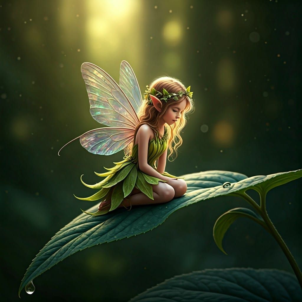 Woodland Fairy Reflects in Dew Drop on Leaf