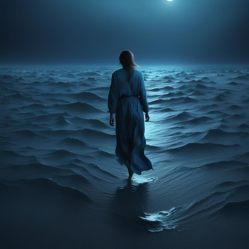 Sad Woman Walks Ocean at Night in Blue