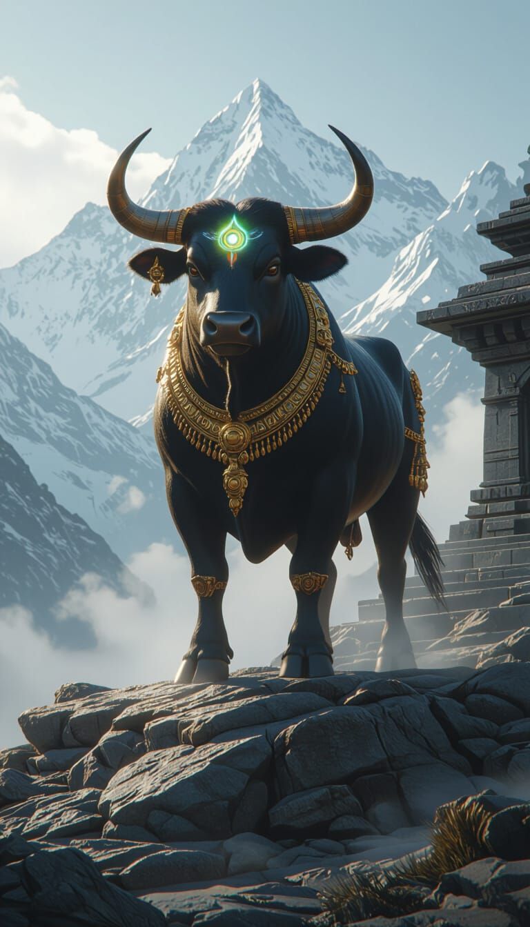 Majestic Nandi Bull on Himalayan Peak in Sci-Fi Style