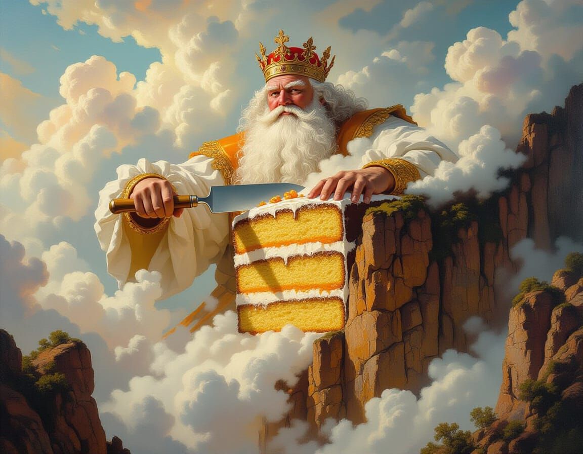 Giant Slices Cake Cliff in Baroque Oil Painting Style