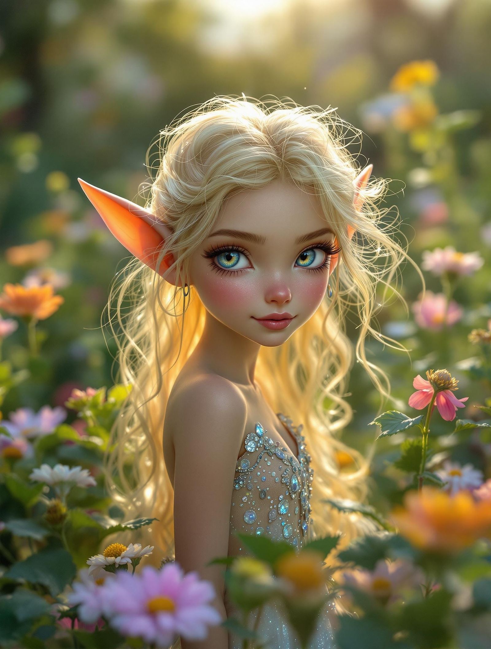 Photorealistic full body picture of a beautiful, ultra cute and adorable elf girl. She is super tiny and have the most b...